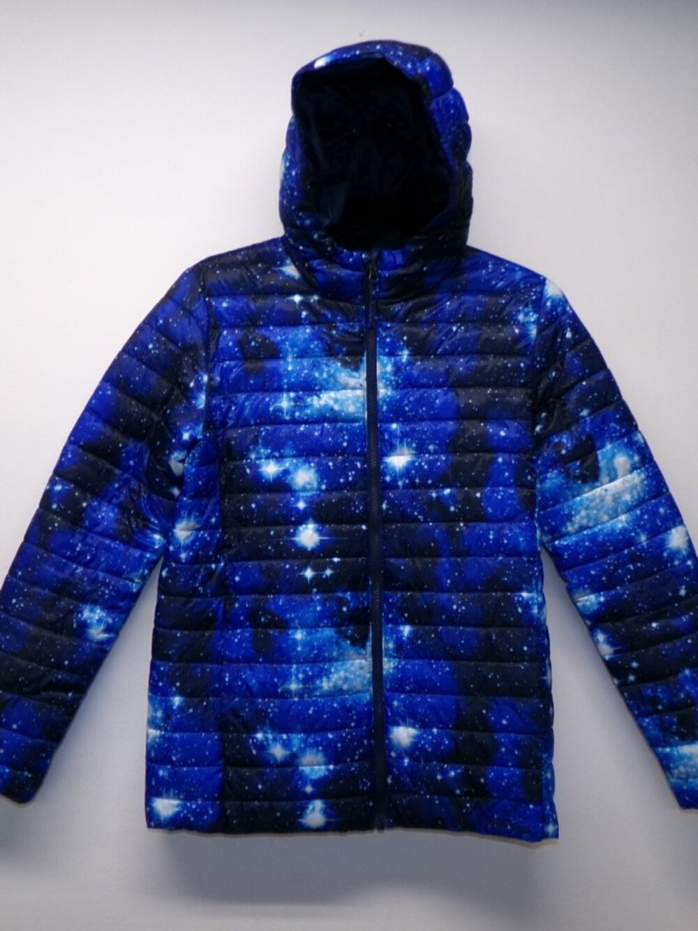 Lands' End Primaloft Hooded Puffer Jacket Girls XL Blue Galaxy Space Star Print